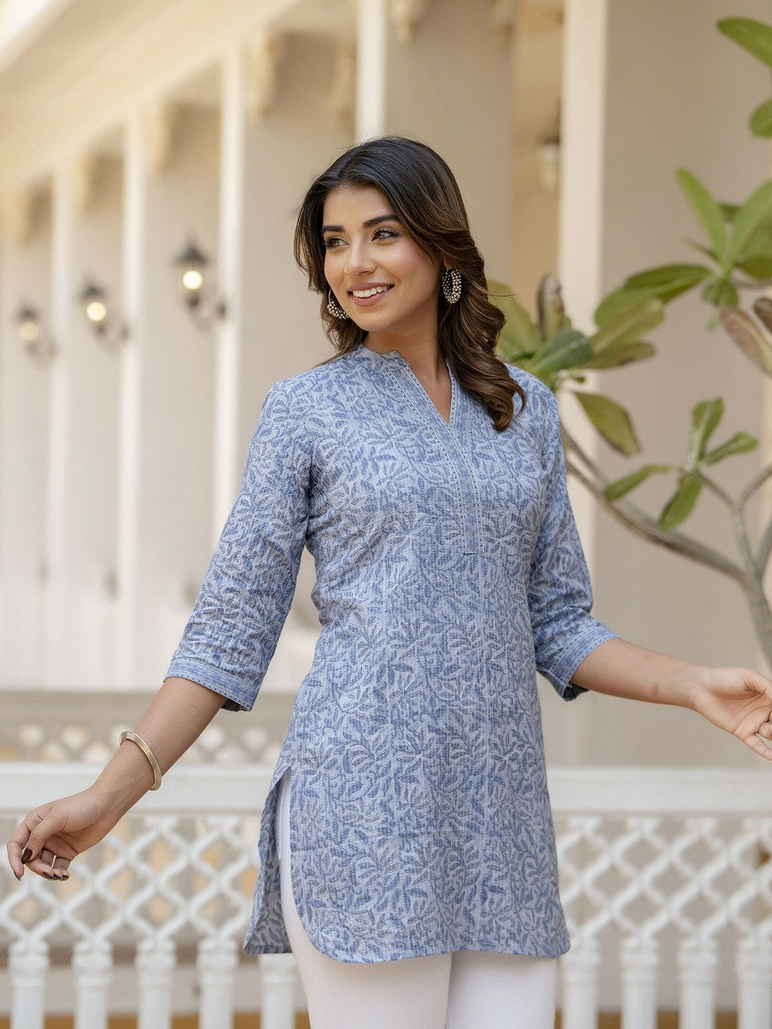 Blue & White Printed Cotton Tunic for Women – Ethnic Style, Mandarin Collar | Indiaista