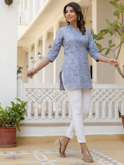 Blue & White Printed Cotton Tunic for Women – Ethnic Style, Mandarin Collar | Indiaista