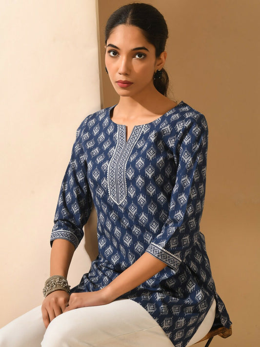 Blue & Grey Ethnic Motif Printed Cotton Tunic for Women – Round Neck, 3/4 Sleeves | Indiaista