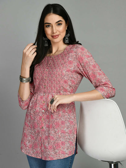 Pink Floral Printed Cotton Tunic for Women – Ethnic Casual Wear | Indiaista