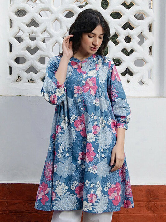 Women's Floral Printed A-Line Tunic – Blue, Pink & White | Pure Cotton, Mandarin Collar | Indiaista