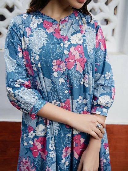 Women's Floral Printed A-Line Tunic – Blue, Pink & White | Pure Cotton, Mandarin Collar | Indiaista