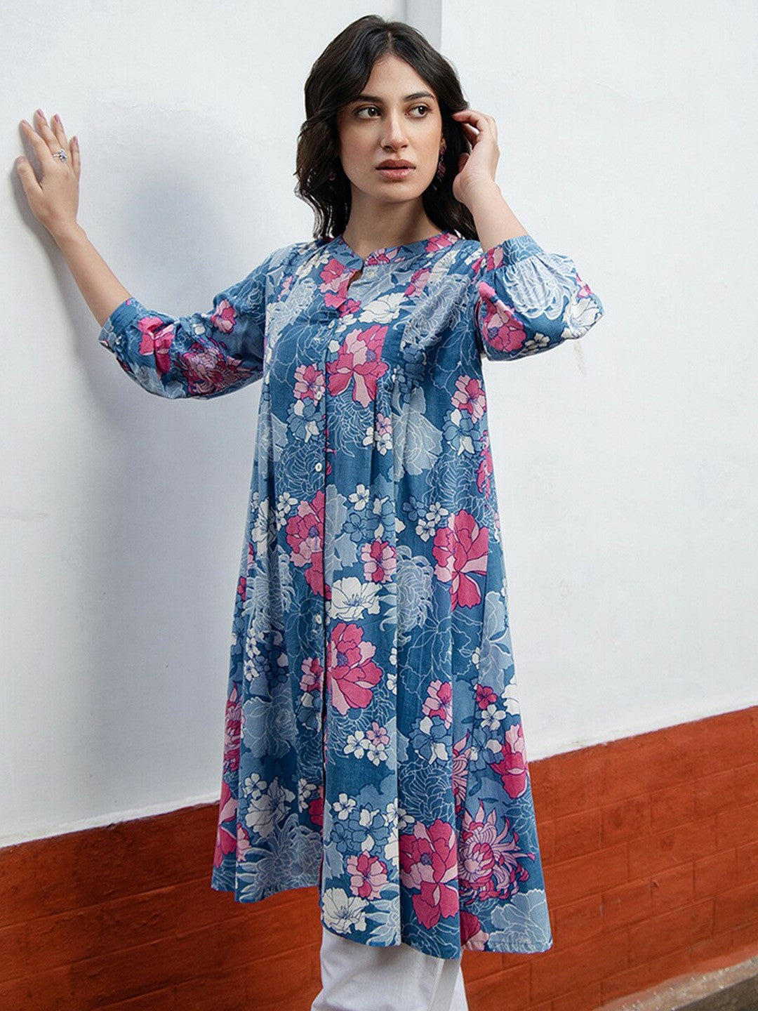 Women's Floral Printed A-Line Tunic – Blue, Pink & White | Pure Cotton, Mandarin Collar | Indiaista