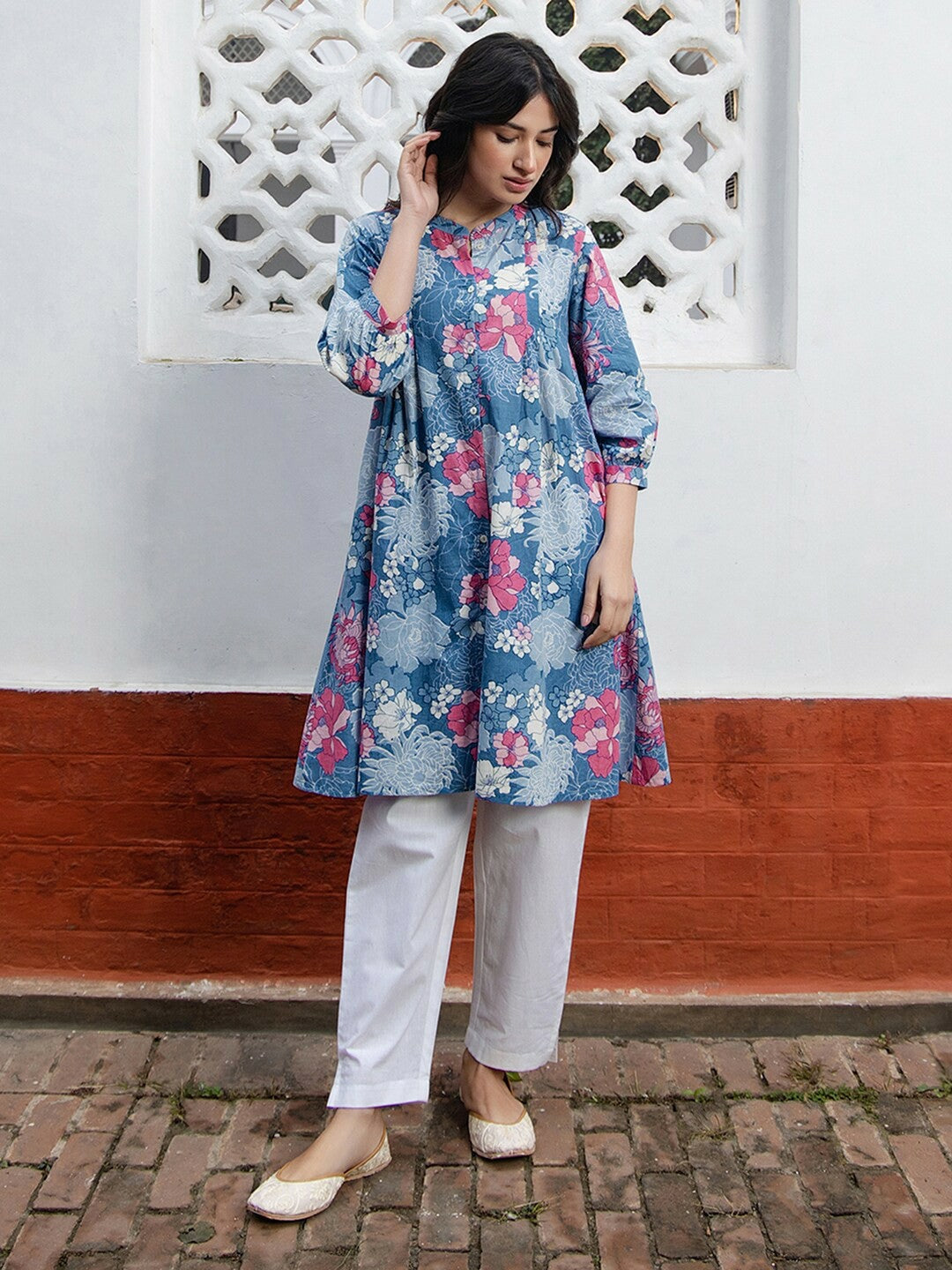 Women's Floral Printed A-Line Tunic – Blue, Pink & White | Pure Cotton, Mandarin Collar | Indiaista