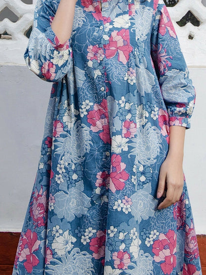 Women's Floral Printed A-Line Tunic – Blue, Pink & White | Pure Cotton, Mandarin Collar | Indiaista