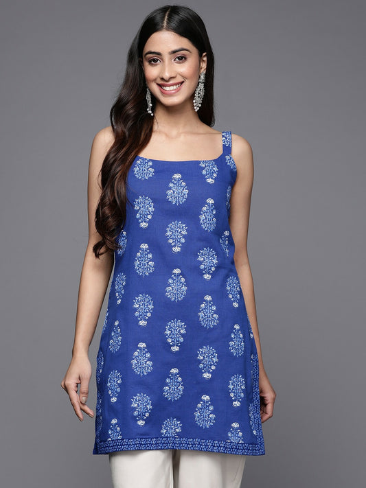 Blue & White Floral Printed Cotton Tunic for Women – Sleeveless, Summer Casual Wear | Indiaista