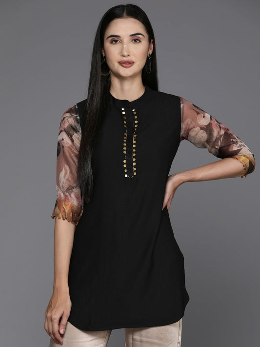 Black & Brown Printed Tunic for Women – Sequinned Detail, Mandarin Collar | Indiaista