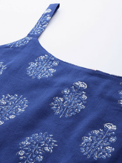 Blue & White Floral Printed Cotton Tunic for Women – Sleeveless, Summer Casual Wear | Indiaista