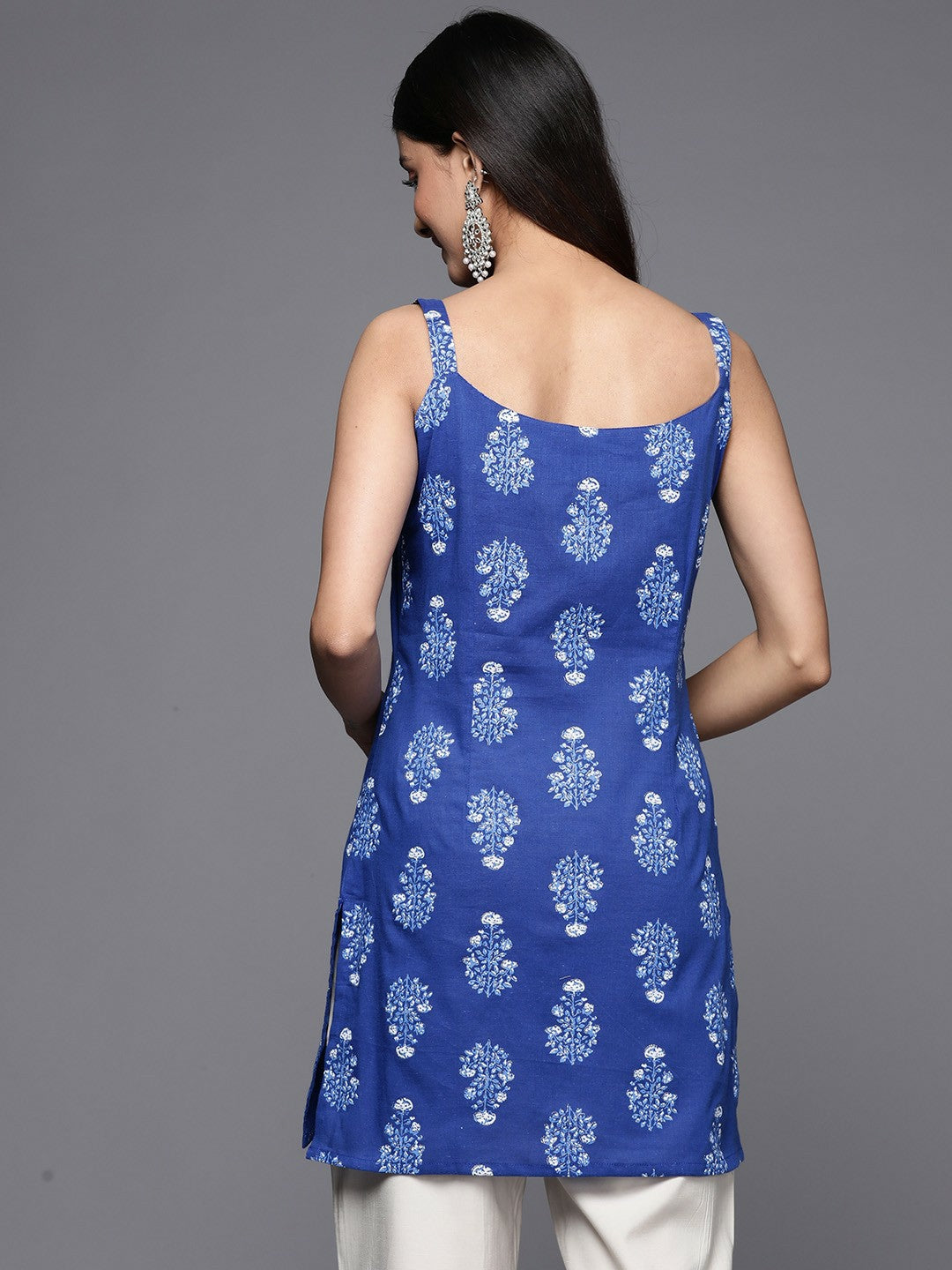 Blue & White Floral Printed Cotton Tunic for Women – Sleeveless, Summer Casual Wear | Indiaista