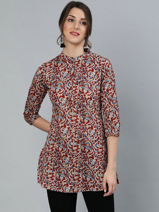 Maroon & Cream Printed Tunic for Women – Mandarin Collar, 3/4 Sleeves | Indiaista