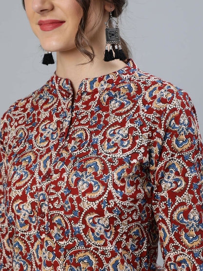 Maroon & Cream Printed Tunic for Women – Mandarin Collar, 3/4 Sleeves | Indiaista