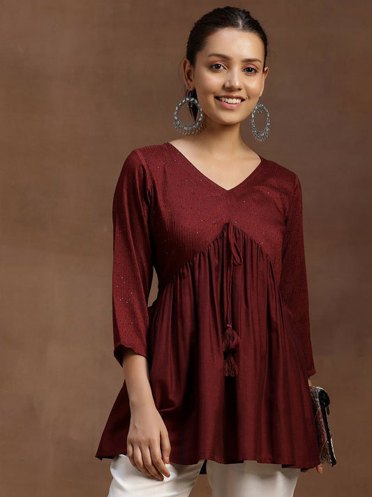 Burgundy Solid Tunic for Women – V-Neck, Three-Quarter Sleeves, Gathered Detail | Indiaista