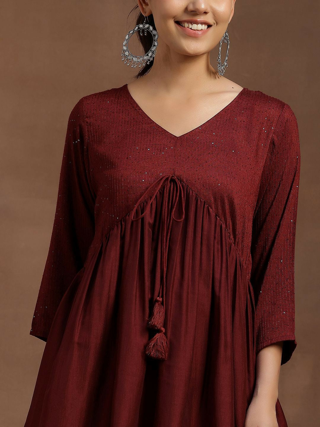 Burgundy Solid Tunic for Women – V-Neck, Three-Quarter Sleeves, Gathered Detail | Indiaista