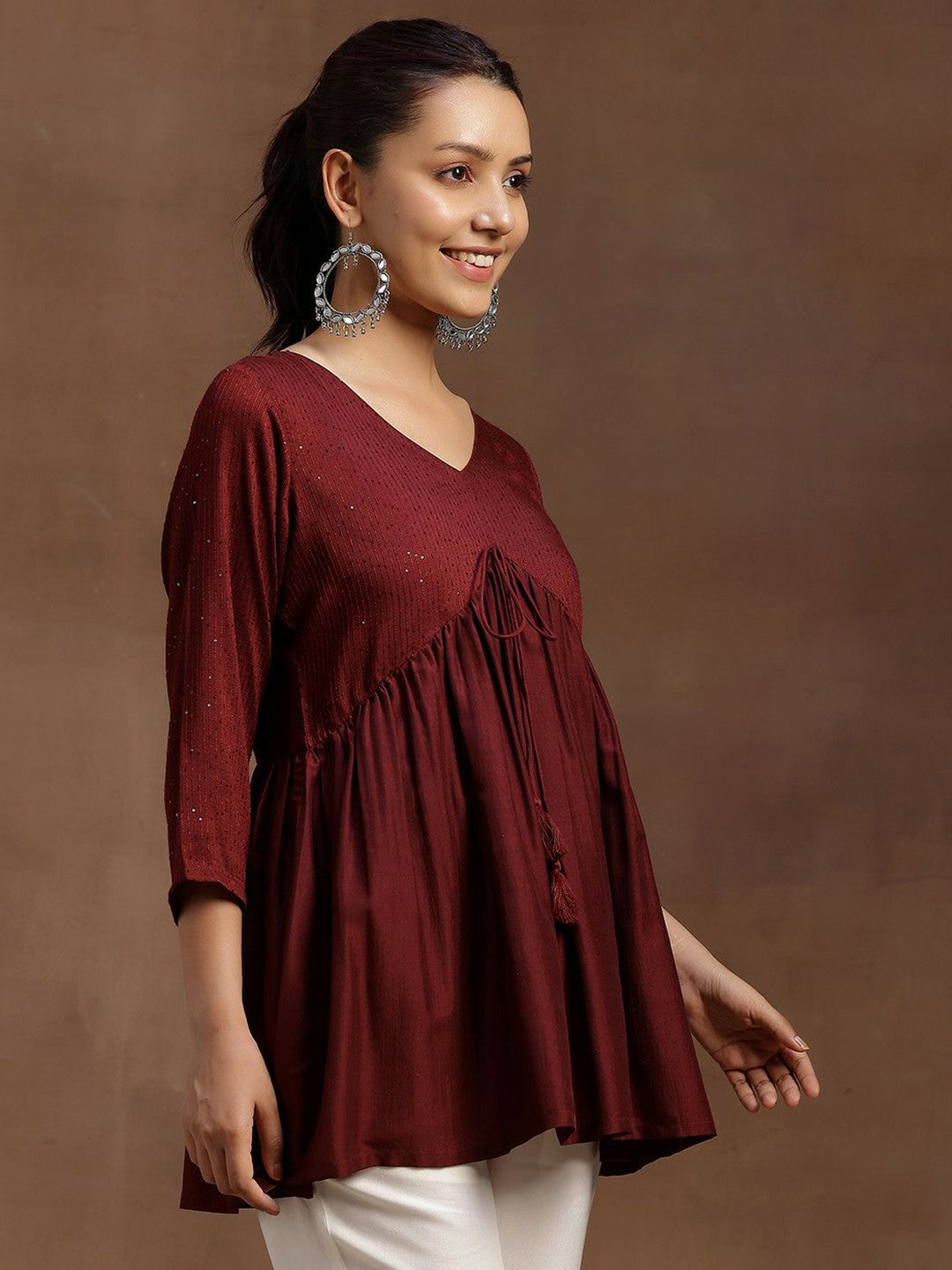 Burgundy Solid Tunic for Women – V-Neck, Three-Quarter Sleeves, Gathered Detail | Indiaista