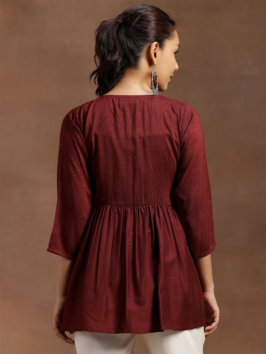 Burgundy Solid Tunic for Women – V-Neck, Three-Quarter Sleeves, Gathered Detail | Indiaista