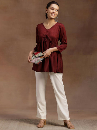 Burgundy Solid Tunic for Women – V-Neck, Three-Quarter Sleeves, Gathered Detail | Indiaista