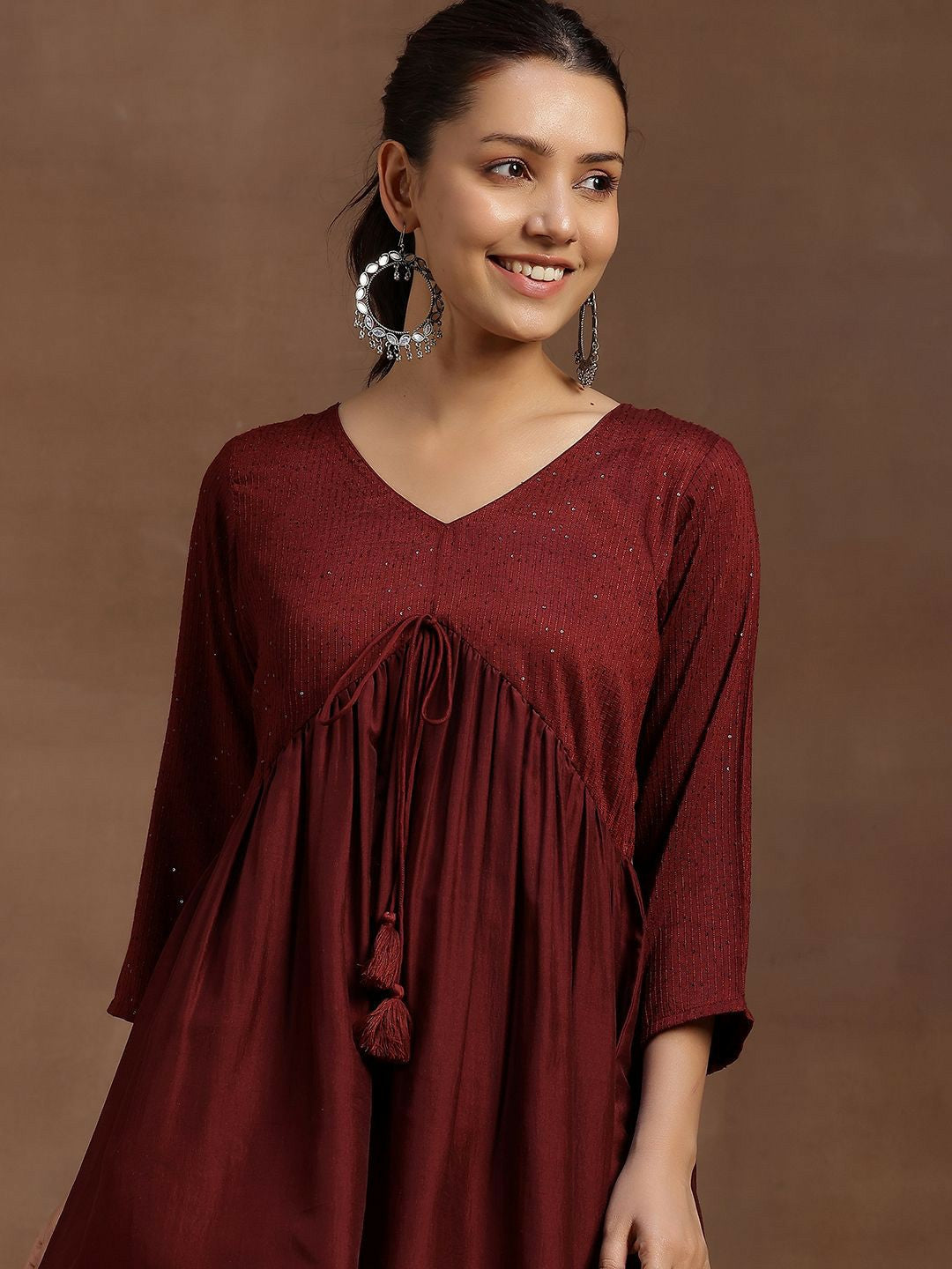 Burgundy Solid Tunic for Women – V-Neck, Three-Quarter Sleeves, Gathered Detail | Indiaista