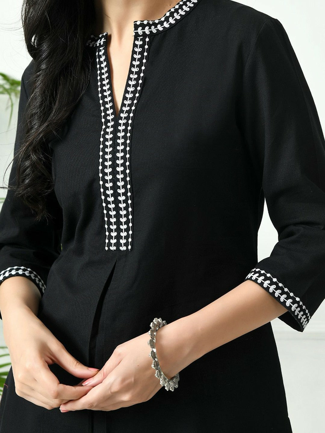 Black Cotton A-Line Tunic for Women – Mandarin Collar, Thread Work, 3/4 Sleeves | Indiaista