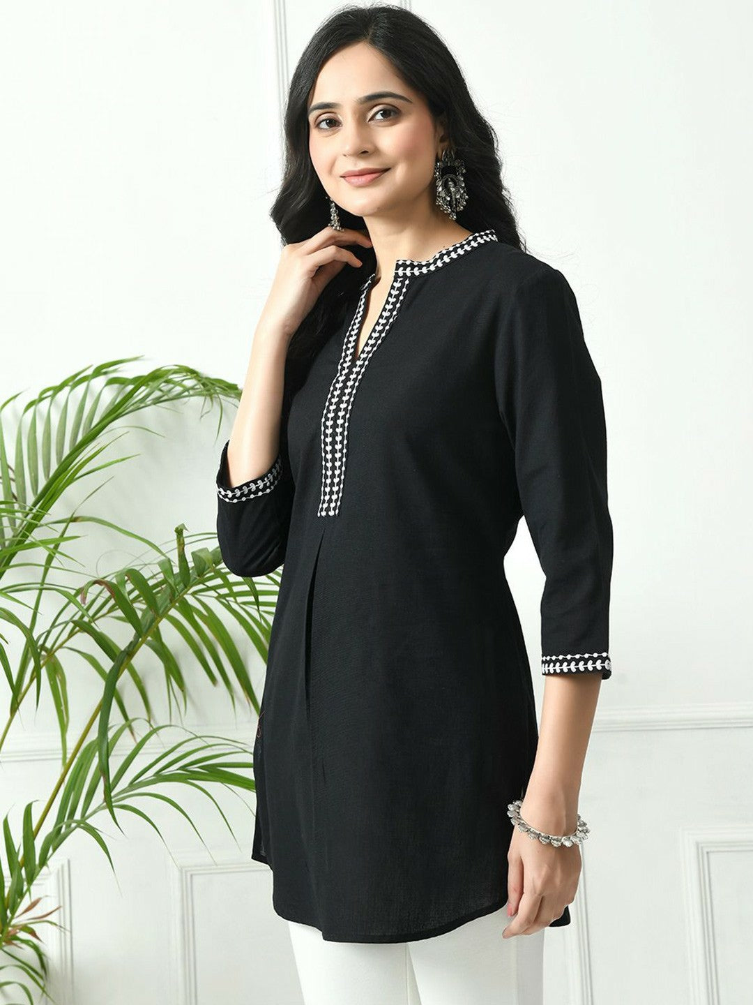 Black Cotton A-Line Tunic for Women – Mandarin Collar, Thread Work, 3/4 Sleeves | Indiaista