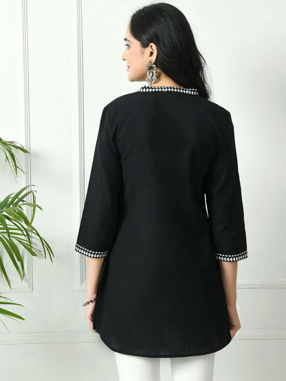 Black Cotton A-Line Tunic for Women – Mandarin Collar, Thread Work, 3/4 Sleeves | Indiaista