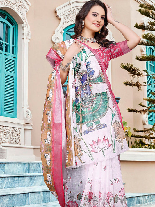 White and Pink Floral Saree with Woven Border