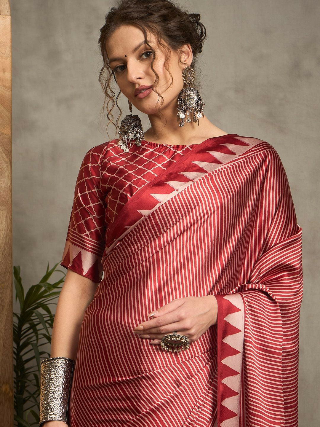Red & Blue Striped Saree with Solid Border