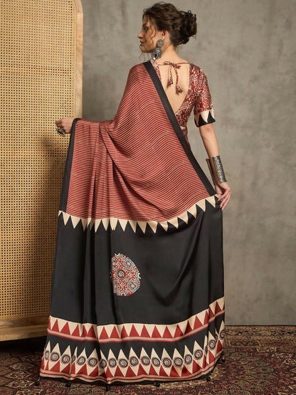 Maroon & Black Block Print Striped Saree with Solid Border