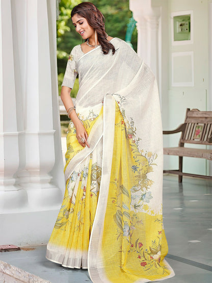 Off-White and Yellow Floral Print Saree with Contrast Border