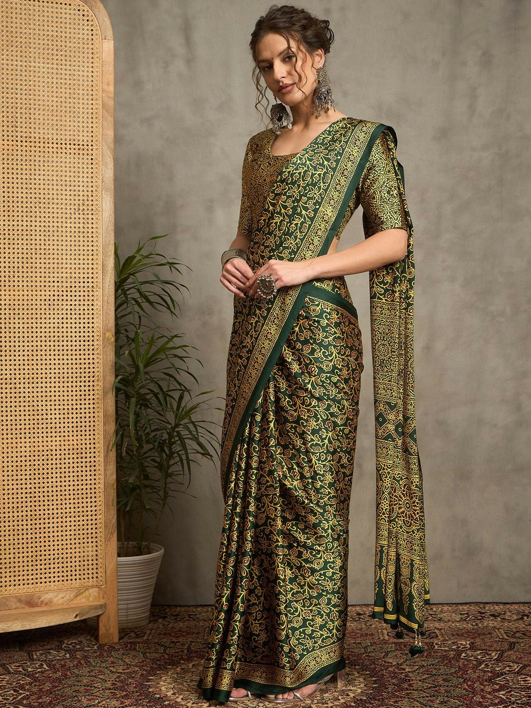 Green & White Floral Block Print Saree with Printed Border