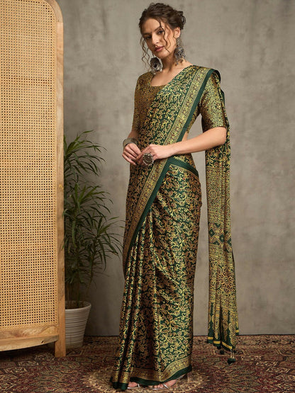 Green & White Floral Block Print Saree with Printed Border