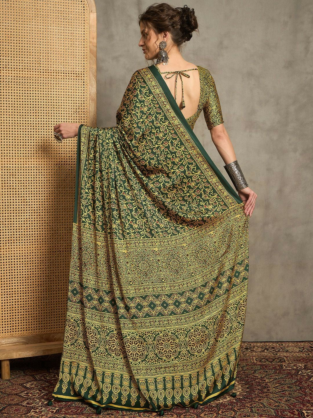 Green & White Floral Block Print Saree with Printed Border