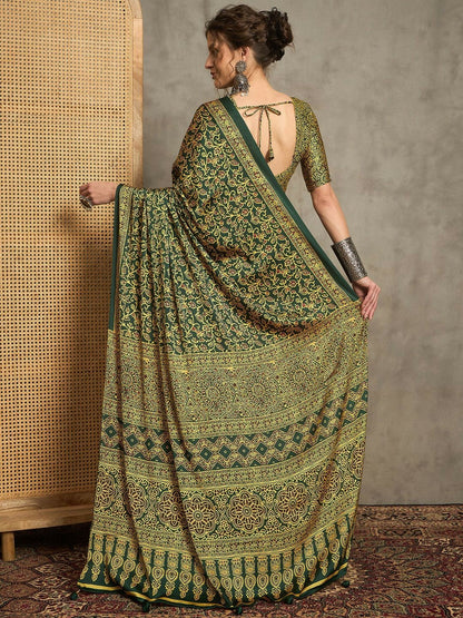 Green & White Floral Block Print Saree with Printed Border