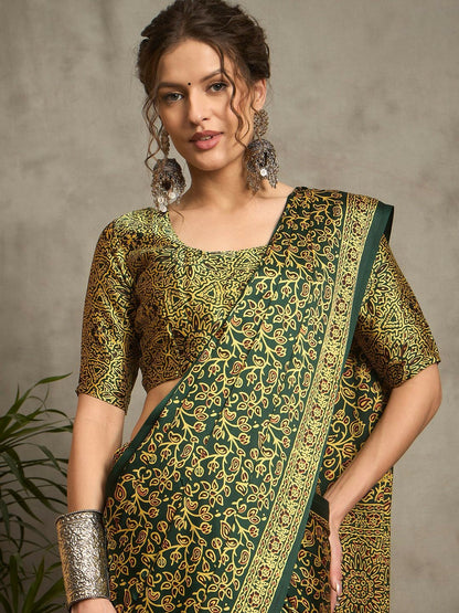 Green & White Floral Block Print Saree with Printed Border
