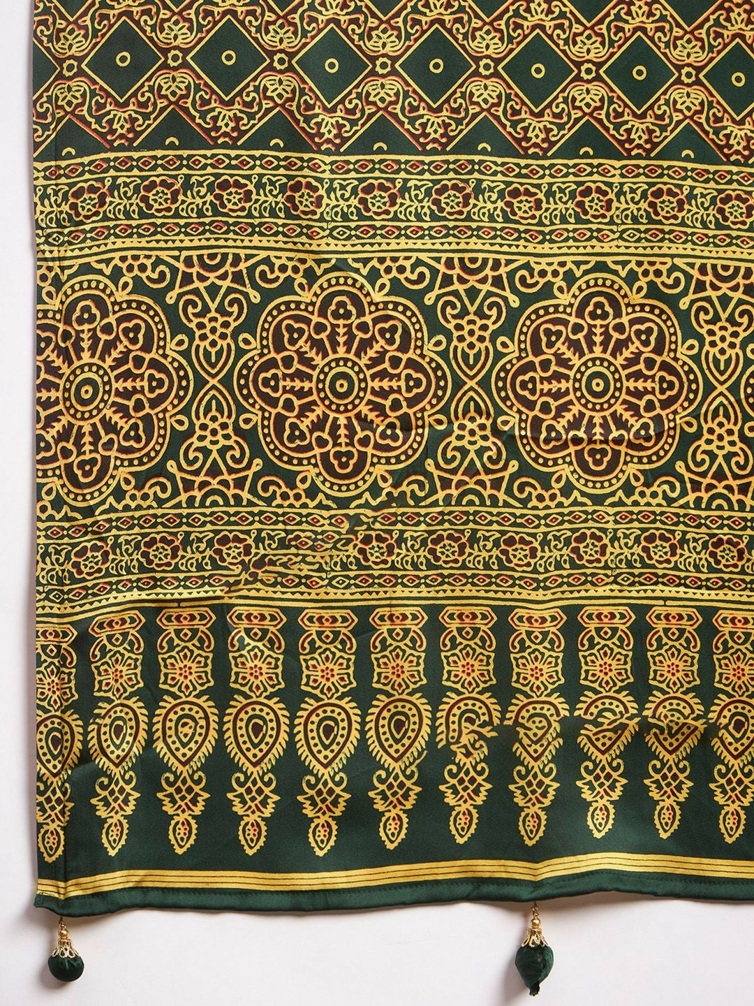 Green & White Floral Block Print Saree with Printed Border