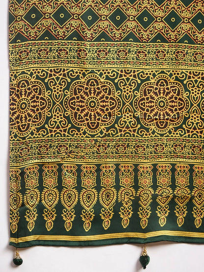 Green & White Floral Block Print Saree with Printed Border