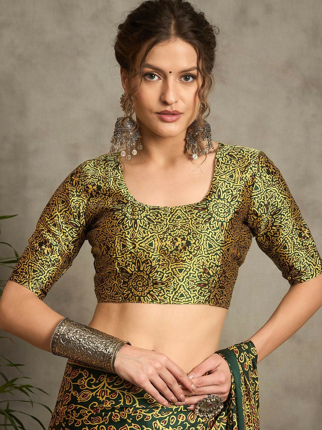 Green & White Floral Block Print Saree with Printed Border