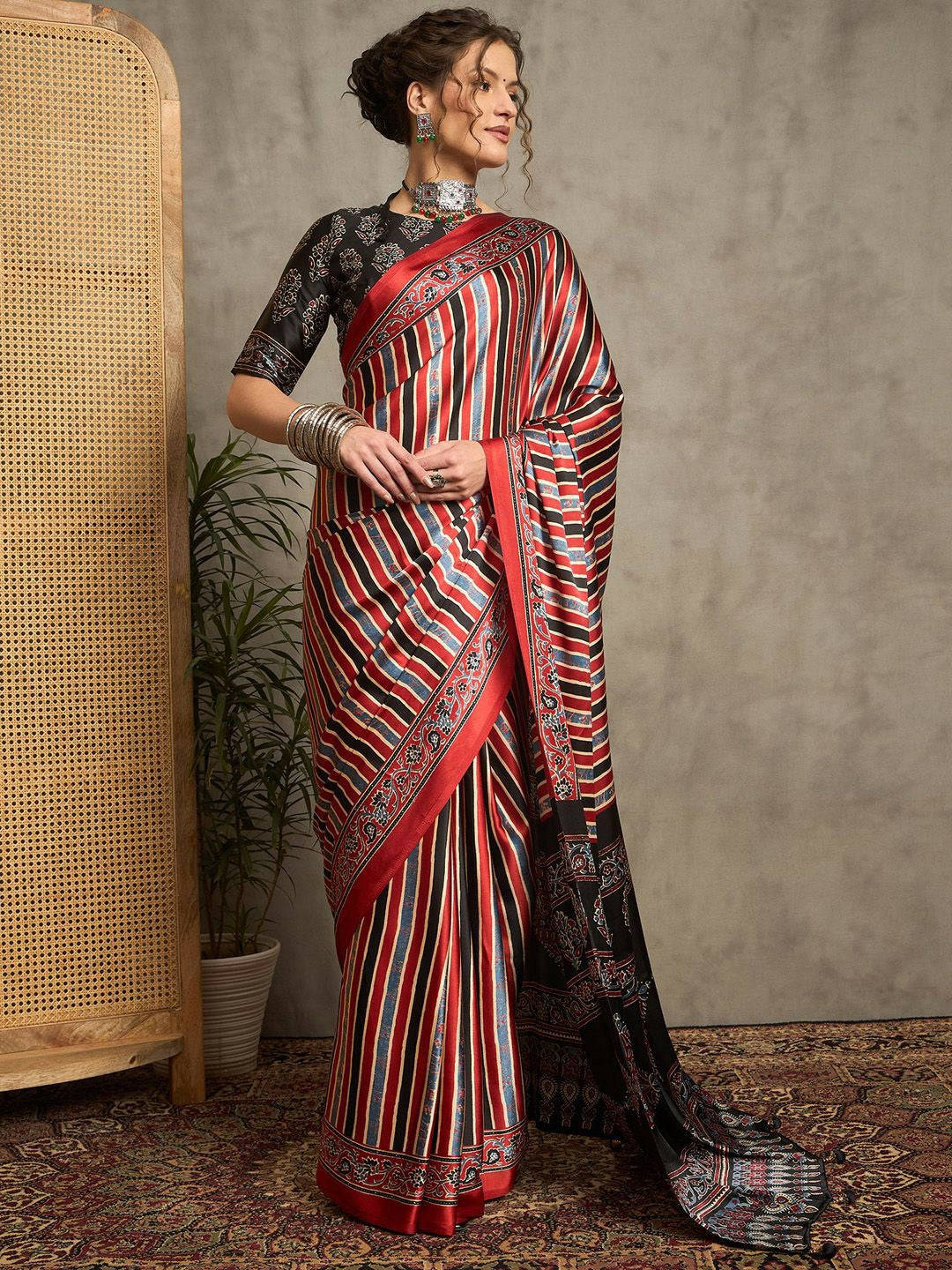 Maroon & Black Striped Block Print Saree with Solid Border