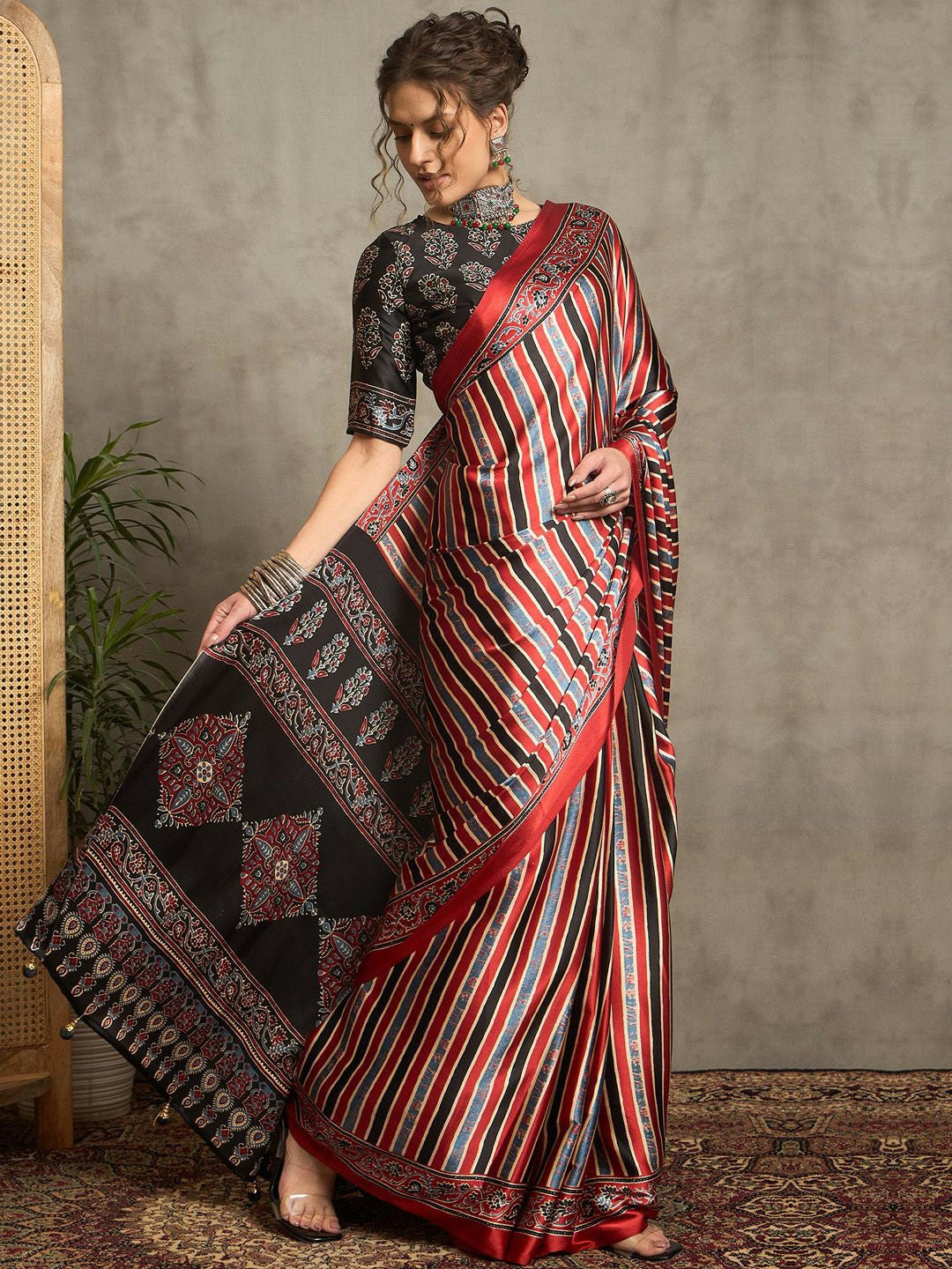 Maroon & Black Striped Block Print Saree with Solid Border
