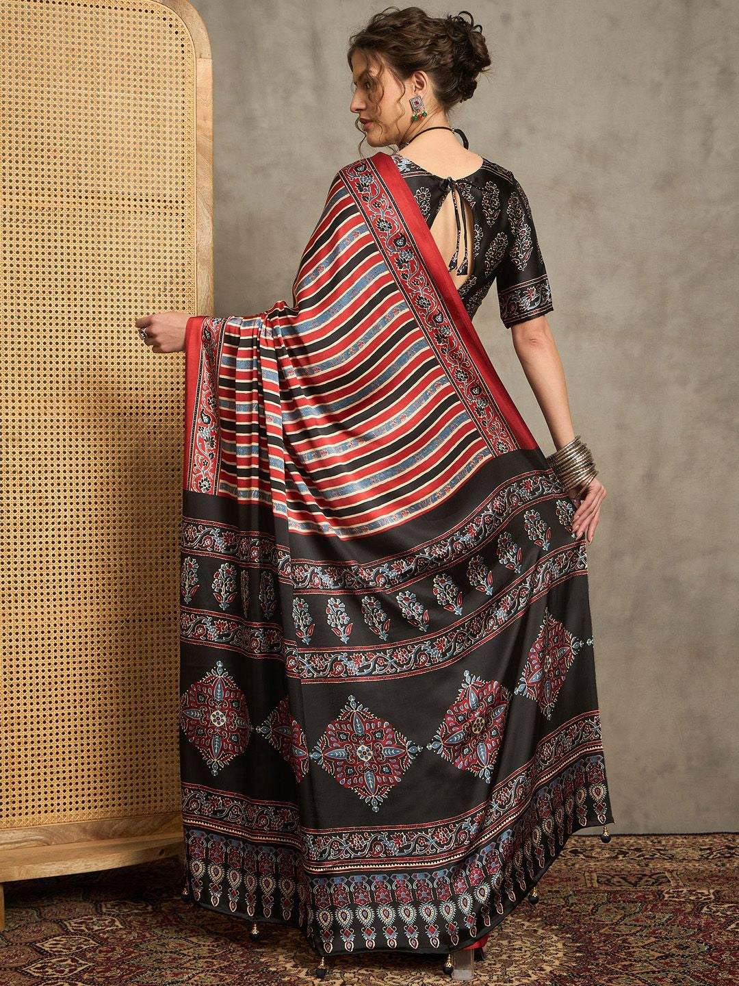 Maroon & Black Striped Block Print Saree with Solid Border