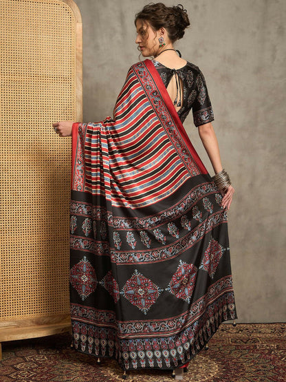 Maroon & Black Striped Block Print Saree with Solid Border