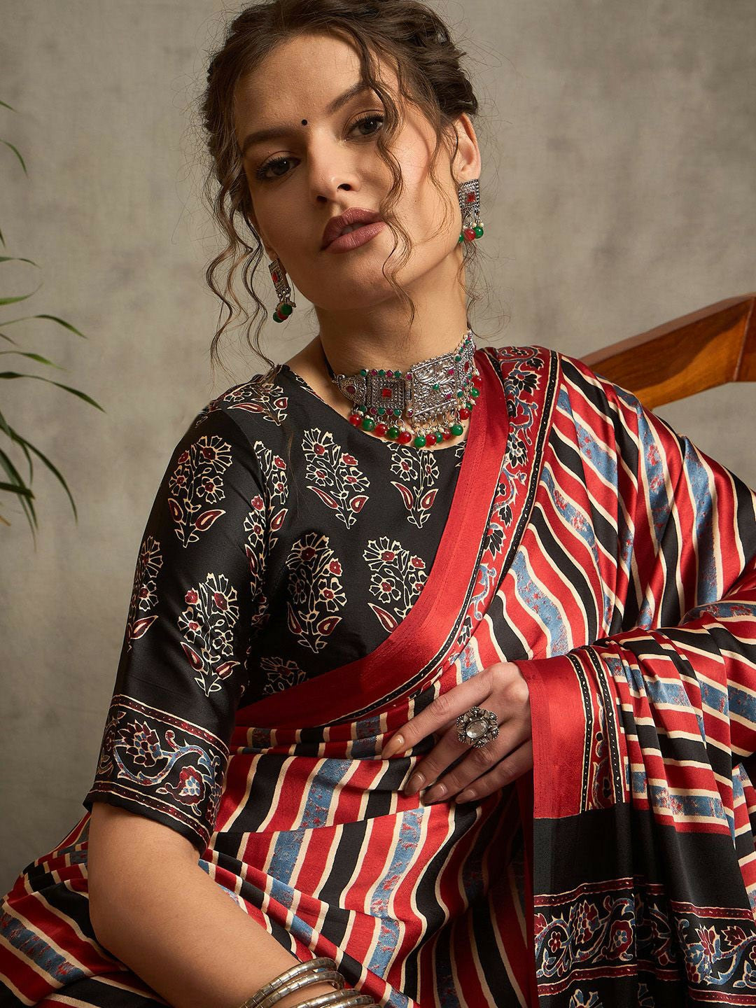 Maroon & Black Striped Block Print Saree with Solid Border