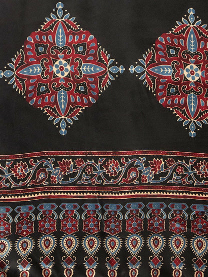 Maroon & Black Striped Block Print Saree with Solid Border