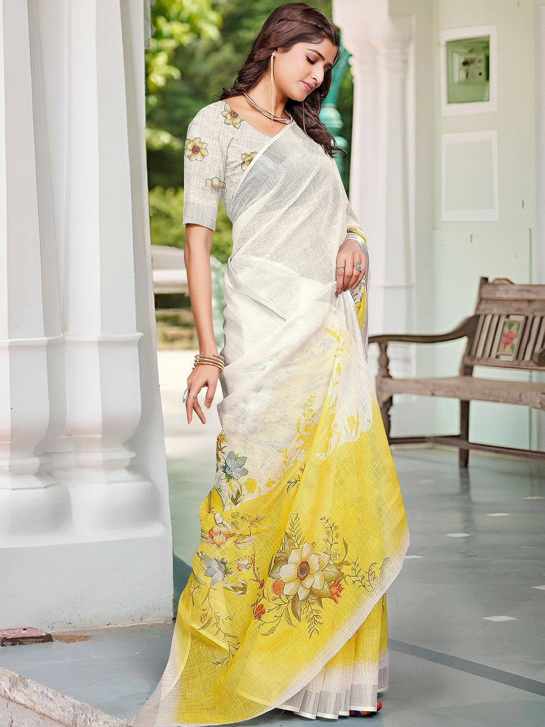 Off-White and Yellow Floral Print Saree with Contrast Border