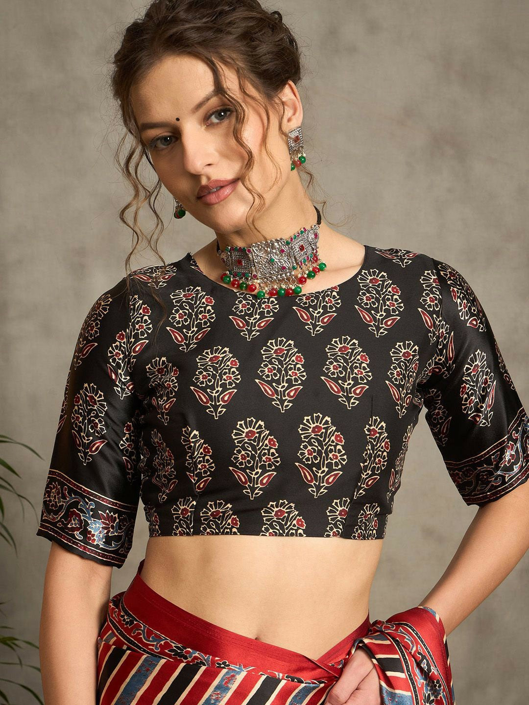 Maroon & Black Striped Block Print Saree with Solid Border