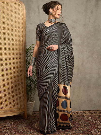 Black & Beige Striped Block Print Saree with Solid Border