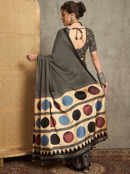Black & Beige Striped Block Print Saree with Solid Border