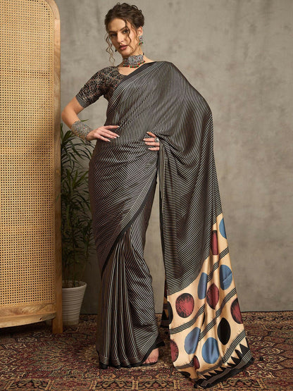 Black & Beige Striped Block Print Saree with Solid Border