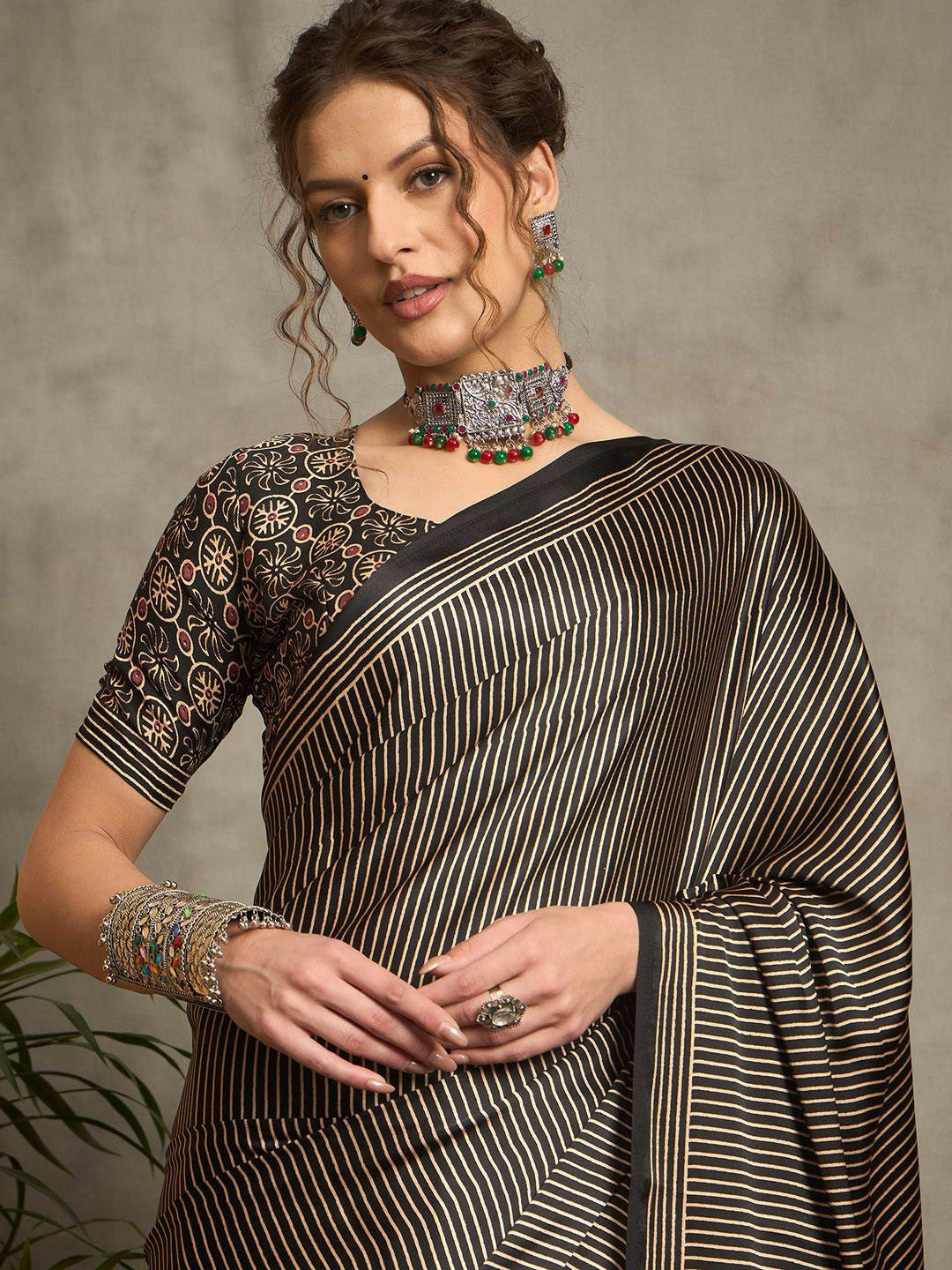 Black & Beige Striped Block Print Saree with Solid Border