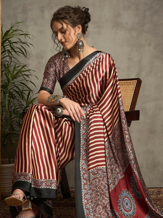 Maroon & Red Striped Block Print Saree with Solid Border