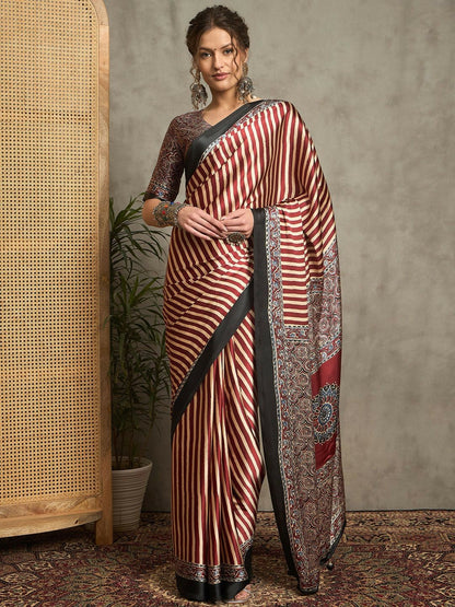 Maroon & Red Striped Block Print Saree with Solid Border